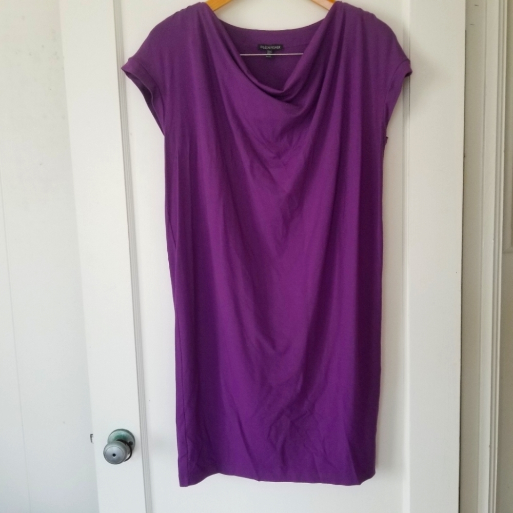 Eileen Fisher Purple Cowl Neck Cuff Sleeve Shirt Dress Sz XS